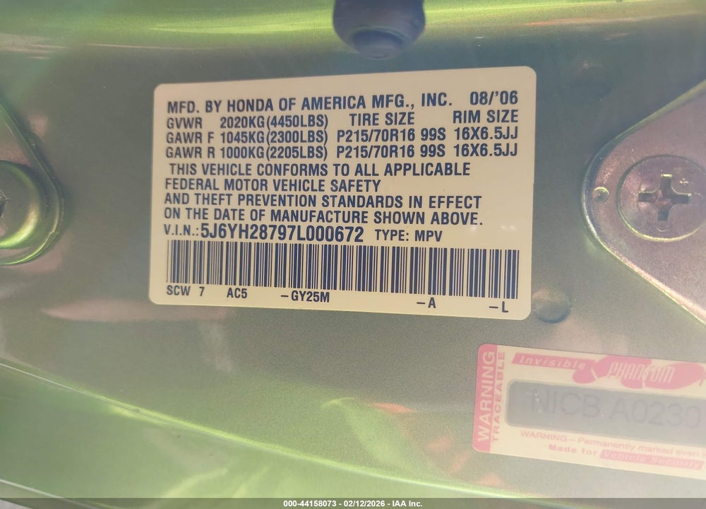 2007 HONDA ELEMENT EX VIN: 5J6YH28797L000672