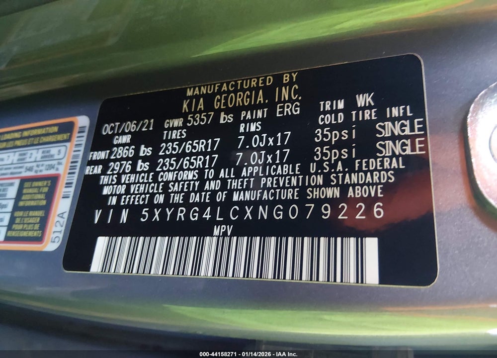 2022 KIA SORENTO LX VIN: 5XYRG4LCXNG079226