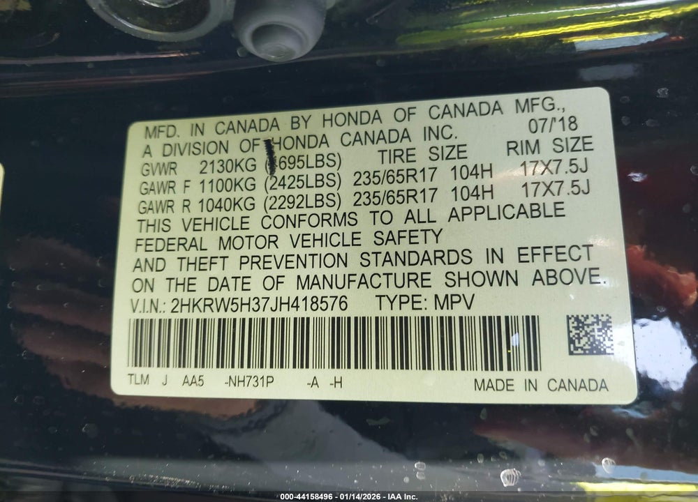 2018 HONDA CR-V LX VIN: 2HKRW5H37JH418576