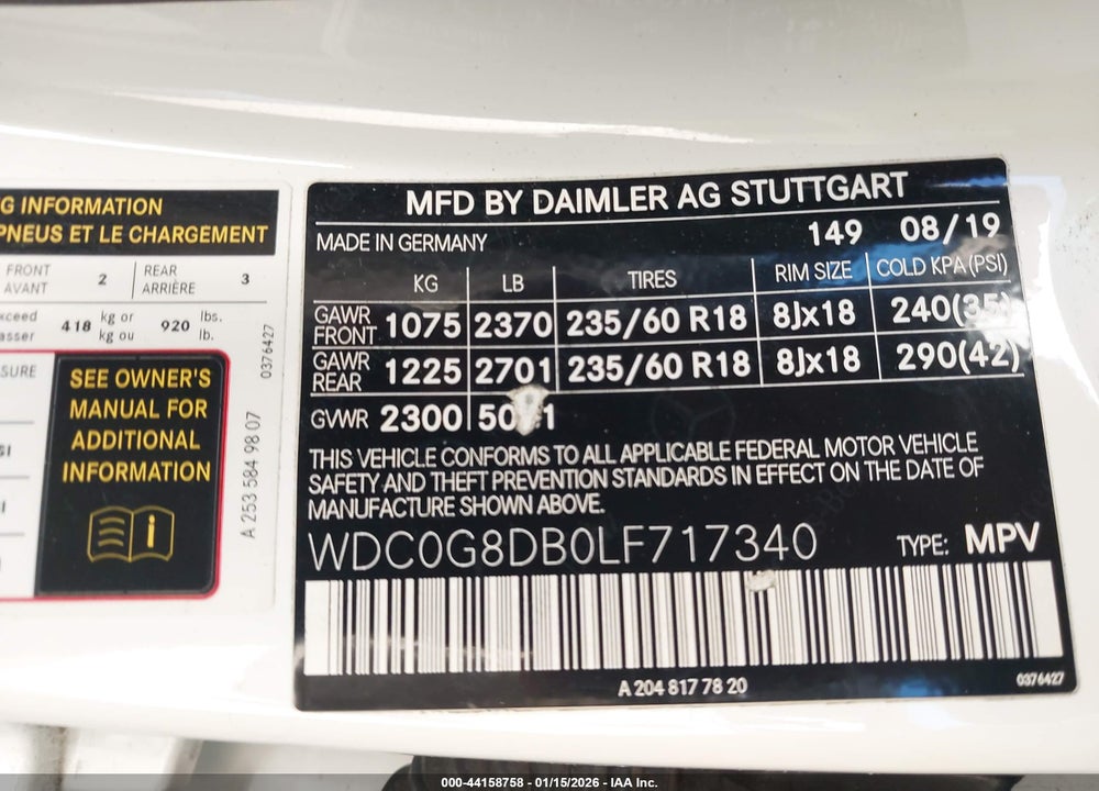 2020 MERCEDES-BENZ GLC 300 VIN: WDC0G8DB0LF717340