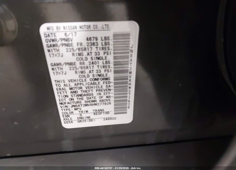 2017 NISSAN ROGUE SV VIN: JN8AT2MV8HW277926