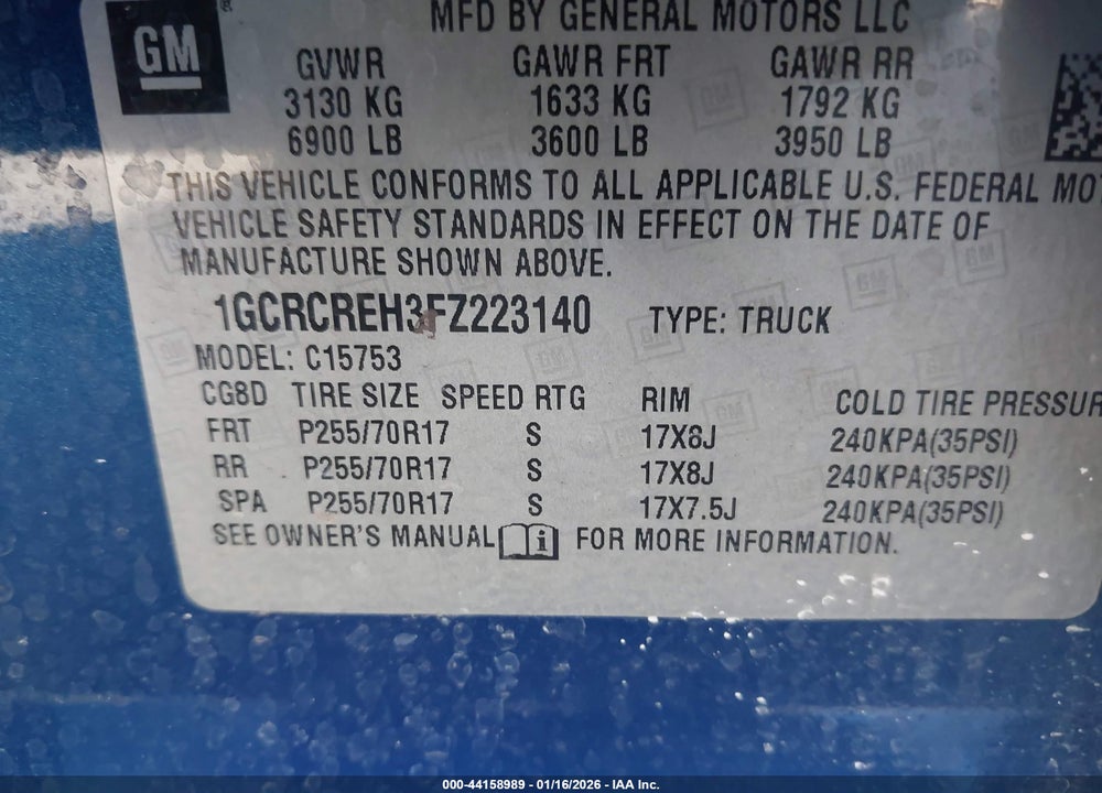 2015 CHEVROLET SILVERADO 1500 1LT VIN: 1GCRCREH3FZ223140
