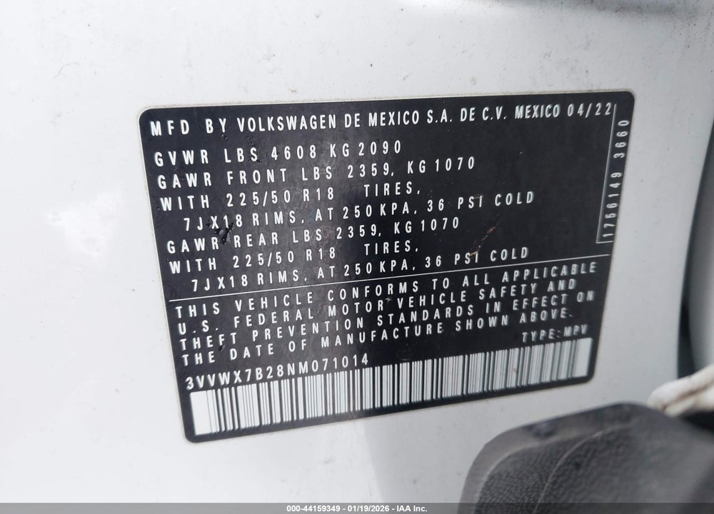 2022 VOLKSWAGEN TAOS 1.5T SE VIN: 3VVWX7B28NM071014