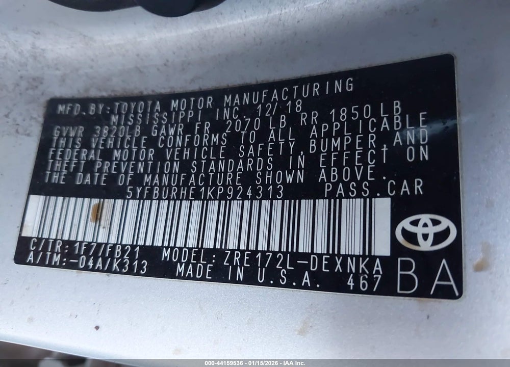 2019 TOYOTA COROLLA LE VIN: 5YFBURHE1KP924313