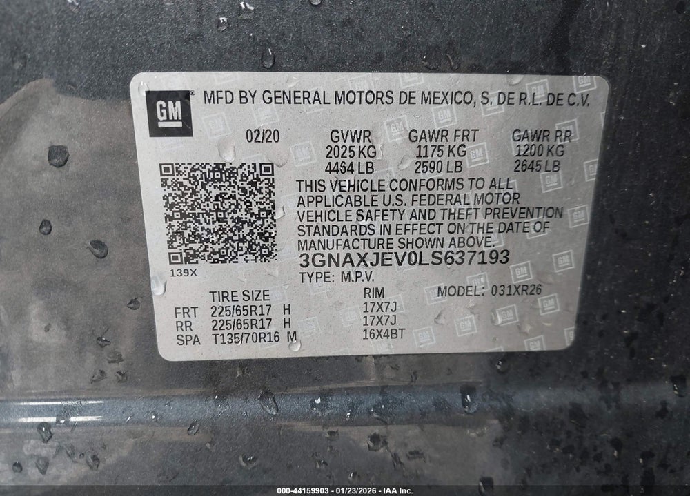 2020 CHEVROLET EQUINOX FWD 2FL VIN: 3GNAXJEV0LS637193
