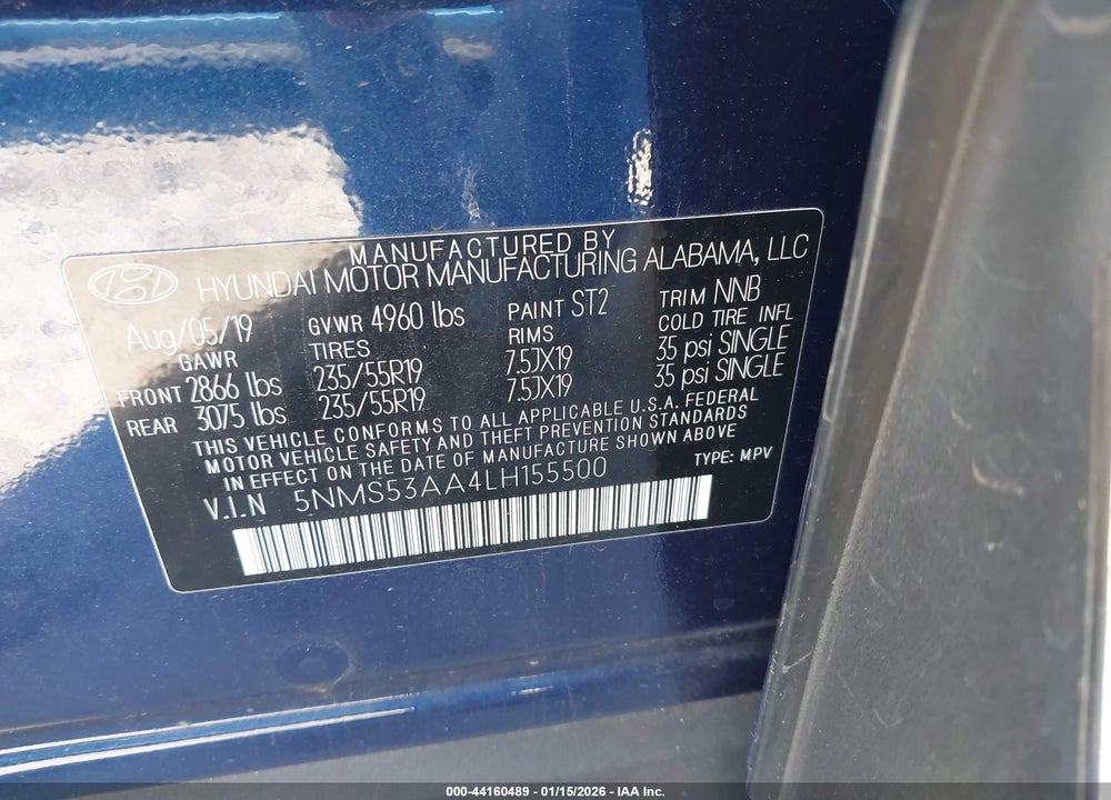 2020 HYUNDAI SANTA FE LIMITED 2.0T VIN: 5NMS53AA4LH155500