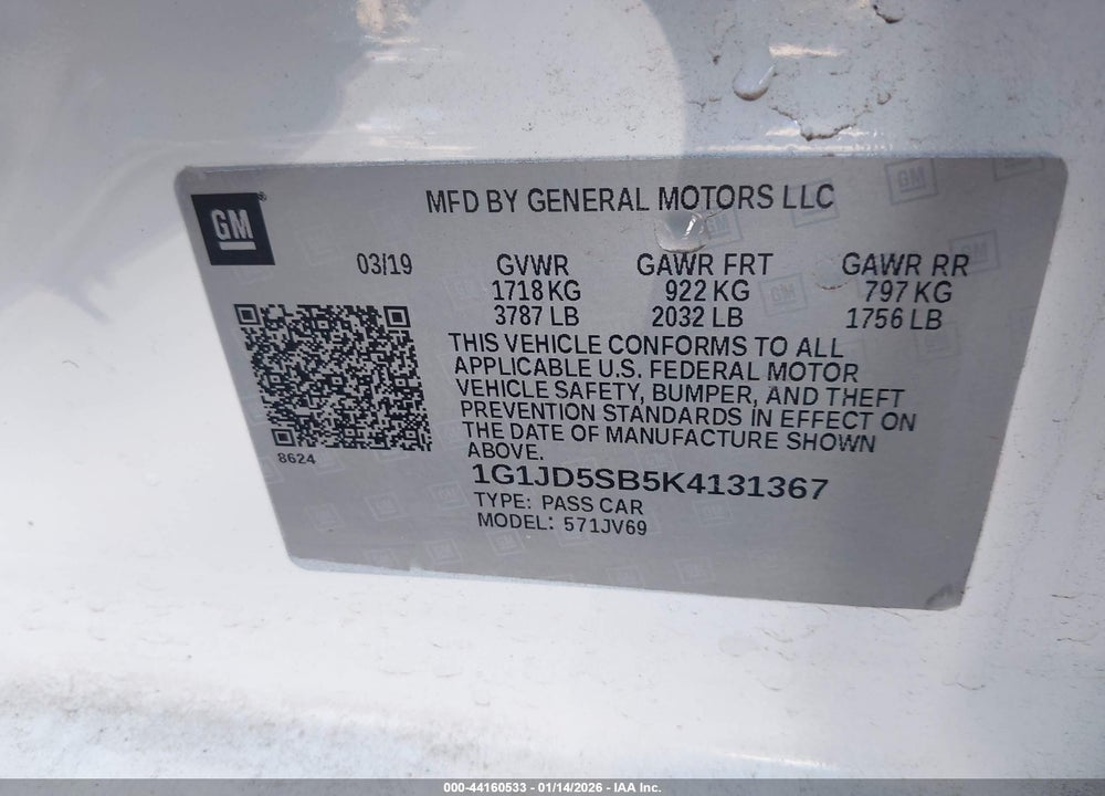 2019 CHEVROLET SONIC LT AUTO VIN: 1G1JD5SB5K4131367