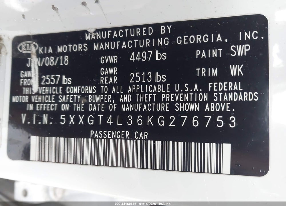 2019 KIA OPTIMA LX VIN: 5XXGT4L36KG276753