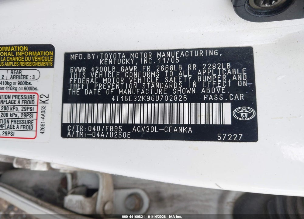 2006 TOYOTA CAMRY LE VIN: 4T1BE32K96U702826
