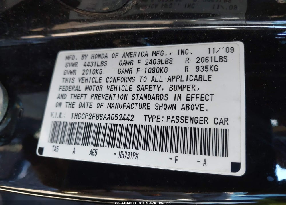 2010 HONDA ACCORD 2.4 EX-L VIN: 1HGCP2F86AA052442