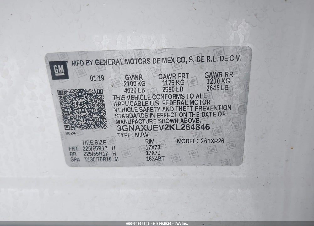 2019 CHEVROLET EQUINOX LT VIN: 3GNAXUEV2KL264846