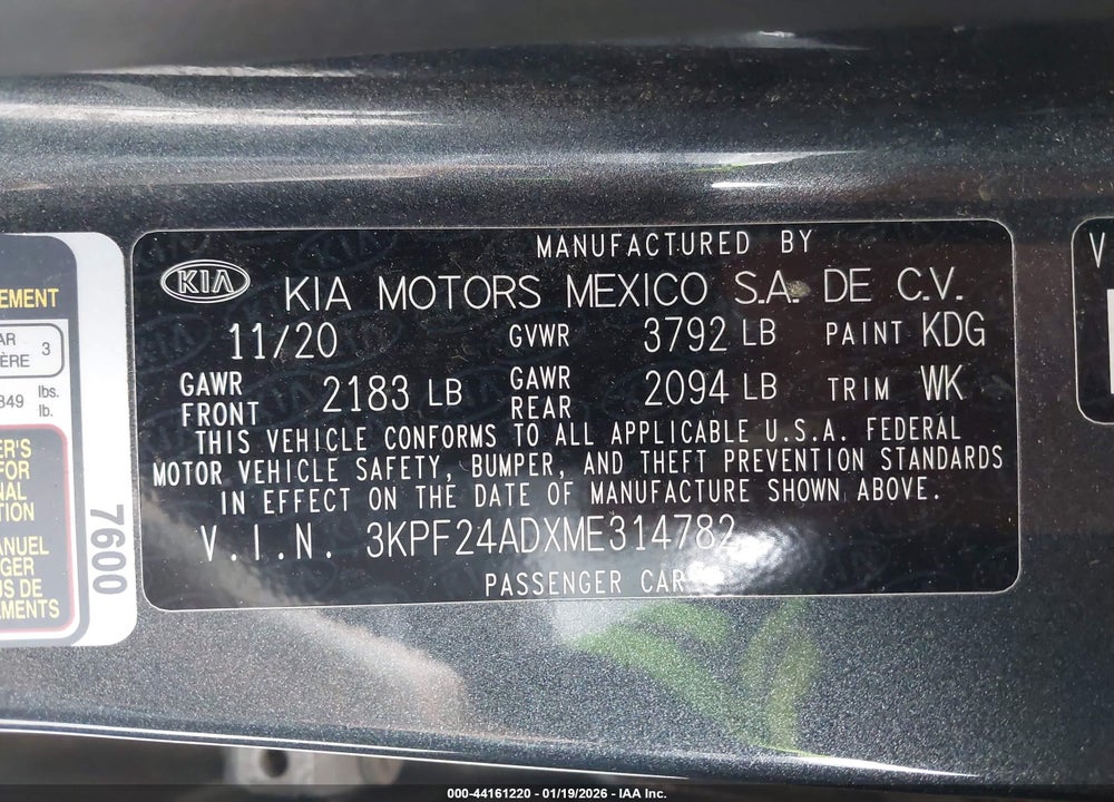 2021 KIA FORTE FE VIN: 3KPF24ADXME314782