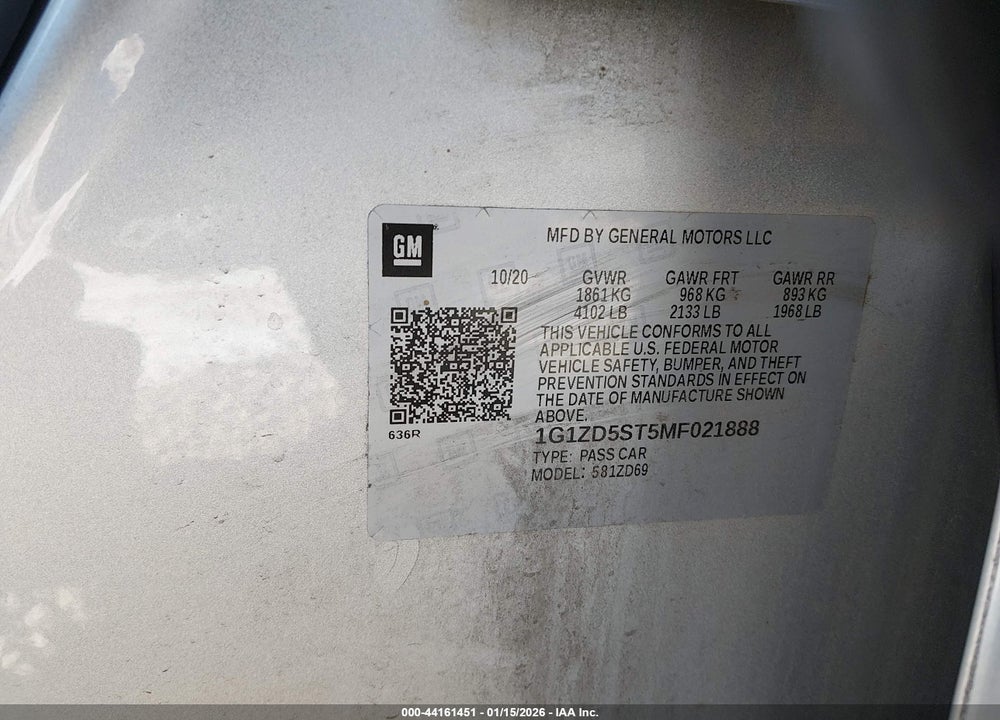 2021 CHEVROLET MALIBU FWD LT VIN: 1G1ZD5ST5MF021888