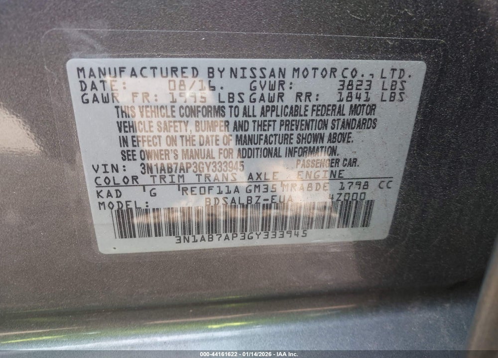 2016 NISSAN SENTRA S VIN: 3N1AB7AP3GY333945