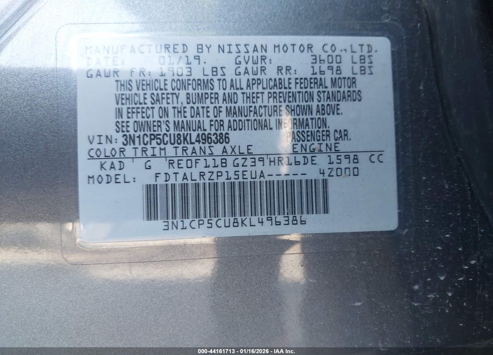 2019 NISSAN KICKS S VIN: 3N1CP5CU8KL496386
