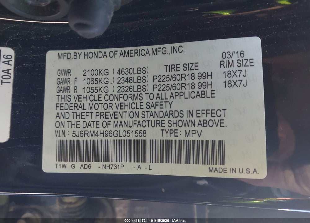 2016 HONDA CR-V TOURING VIN: 5J6RM4H96GL051558