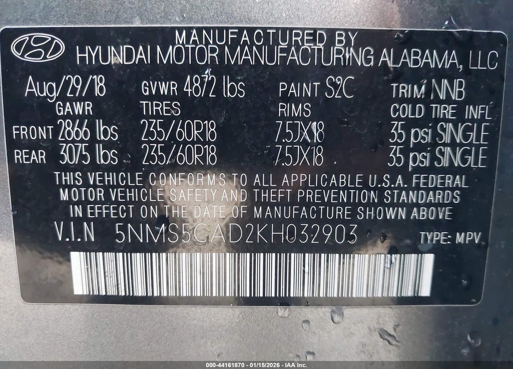 2019 HYUNDAI SANTA FE ULTIMATE VIN: 5NMS5CAD2KH032903