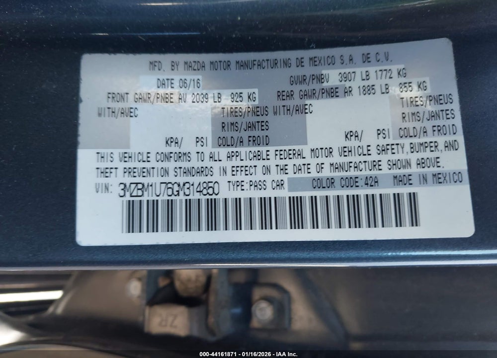 2016 MAZDA 3 I SPORT VIN: 3MZBM1U76GM314850