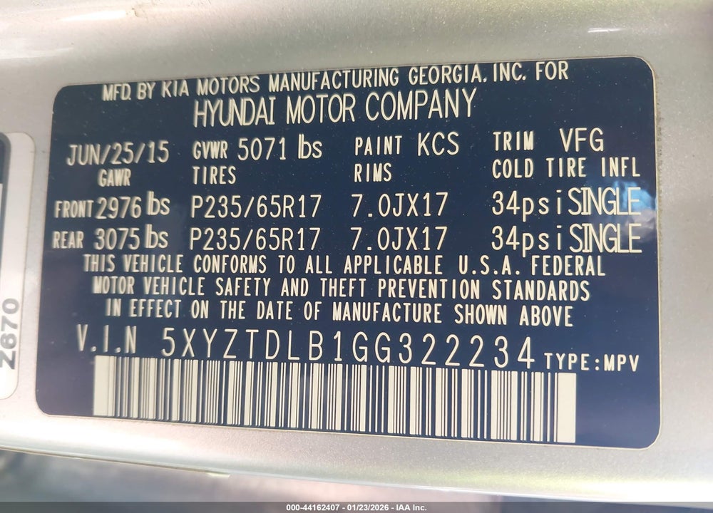 2016 HYUNDAI SANTA FE SPORT 2.4L VIN: 5XYZTDLB1GG322234