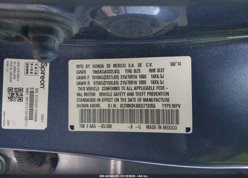 2014 HONDA CR-V LX VIN: 3CZRM3H30EG712355