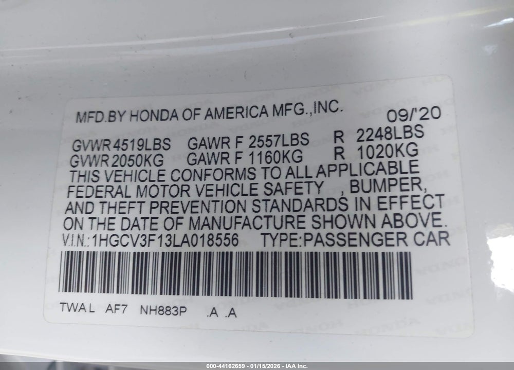 2020 HONDA ACCORD HYBRID VIN: 1HGCV3F13LA018556