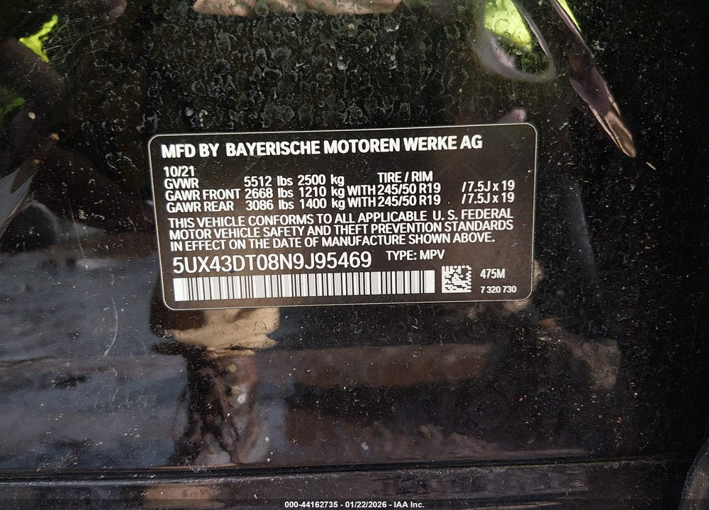 2022 BMW X4 M40I VIN: 5UX43DT08N9J95469