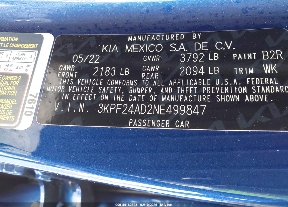 2022 KIA FORTE LXS VIN: 3KPF24AD2NE499847