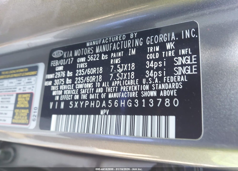 2017 KIA SORENTO 3.3L EX VIN: 5XYPHDA56HG313780