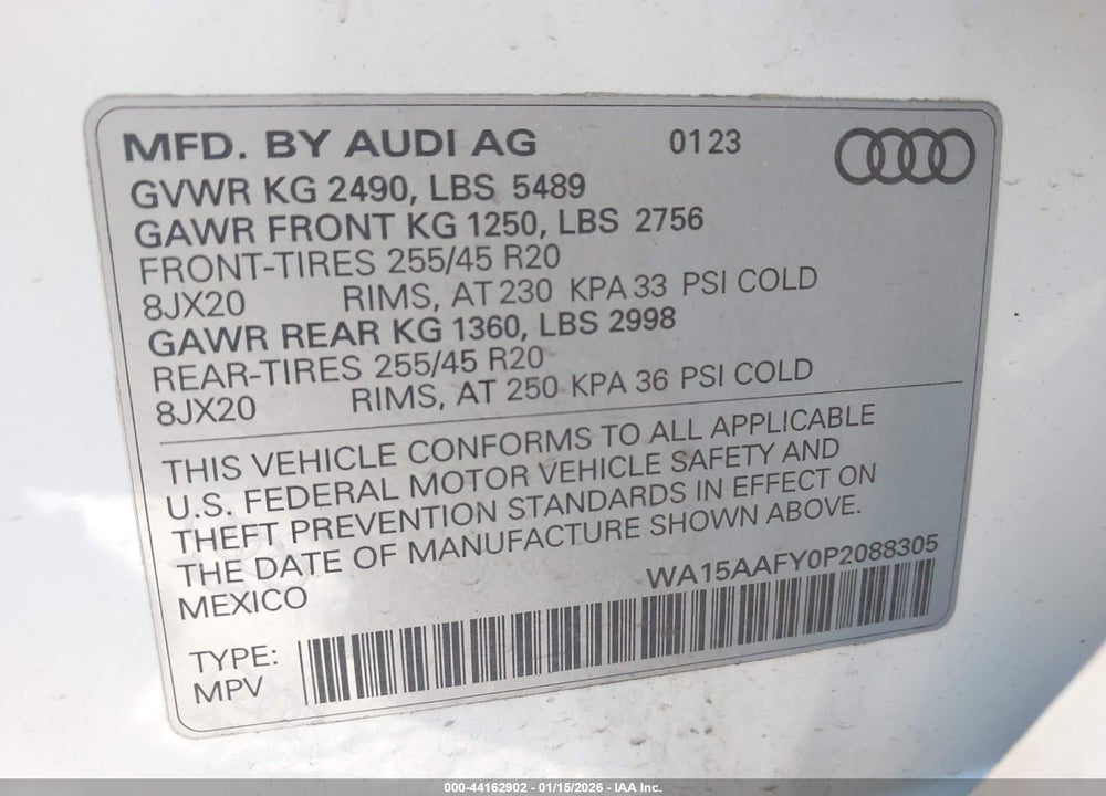 2023 AUDI Q5 SPORTBACK PREMIUM PLUS 45 TFSI S LINE QUATTRO S TRONIC VIN: WA15AAFY0P2088305