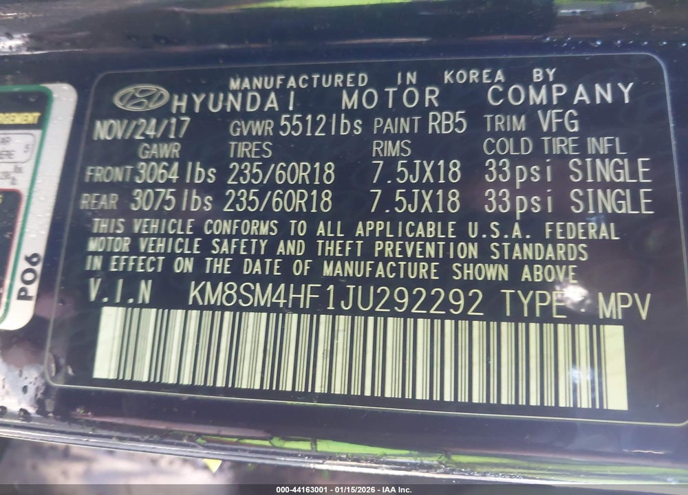 2018 HYUNDAI SANTA FE VIN: KM8SM4HF1JU292292