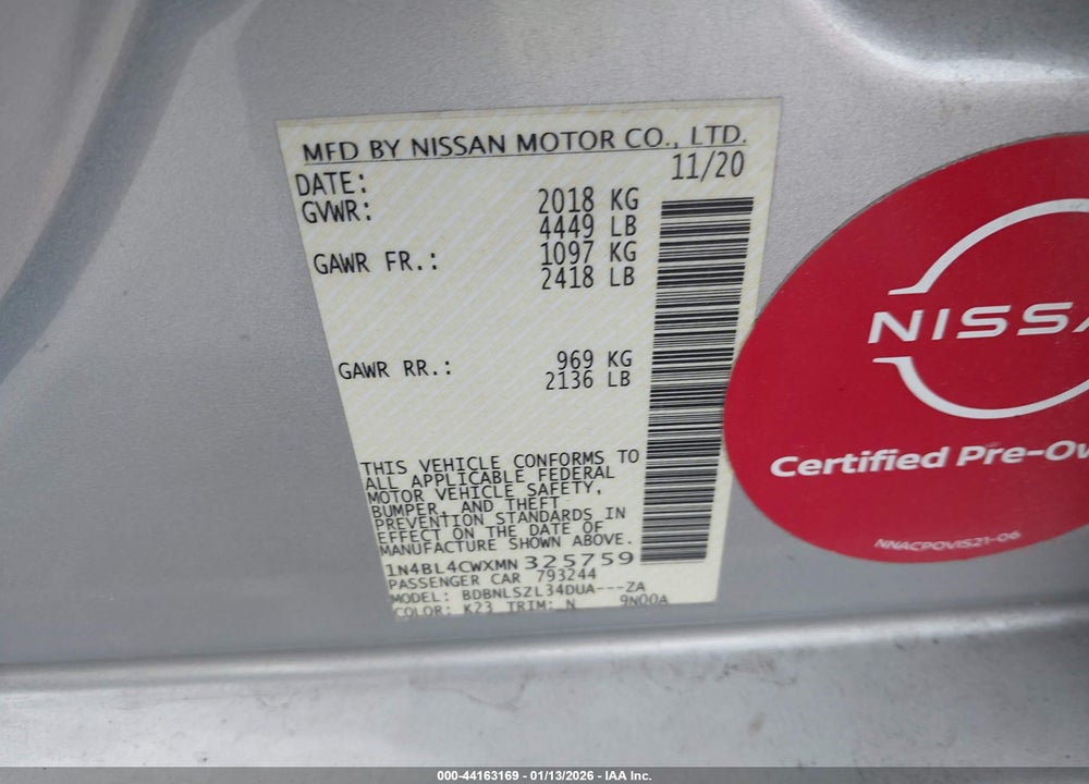 2021 NISSAN ALTIMA SR INTELLIGENT AWD VIN: 1N4BL4CWXMN325759