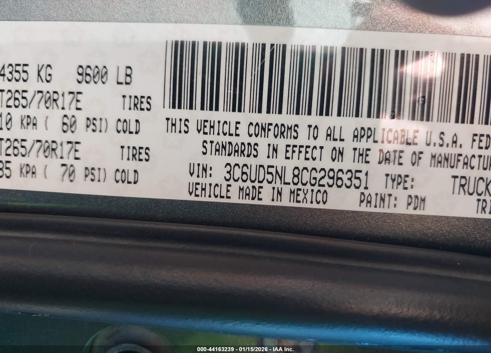 2012 RAM 2500 LAIE VIN: 3C6UD5NL8CG296351