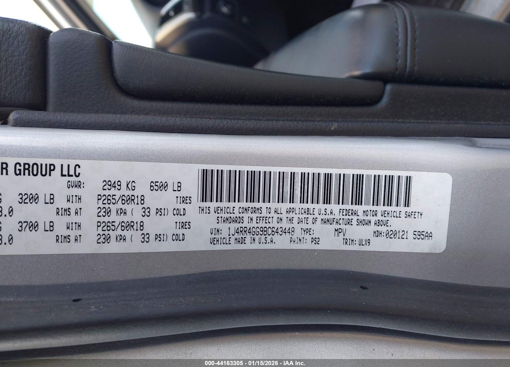 2011 JEEP GRAND CHEROKEE LAREDO VIN: 1J4RR4GG9BC643448