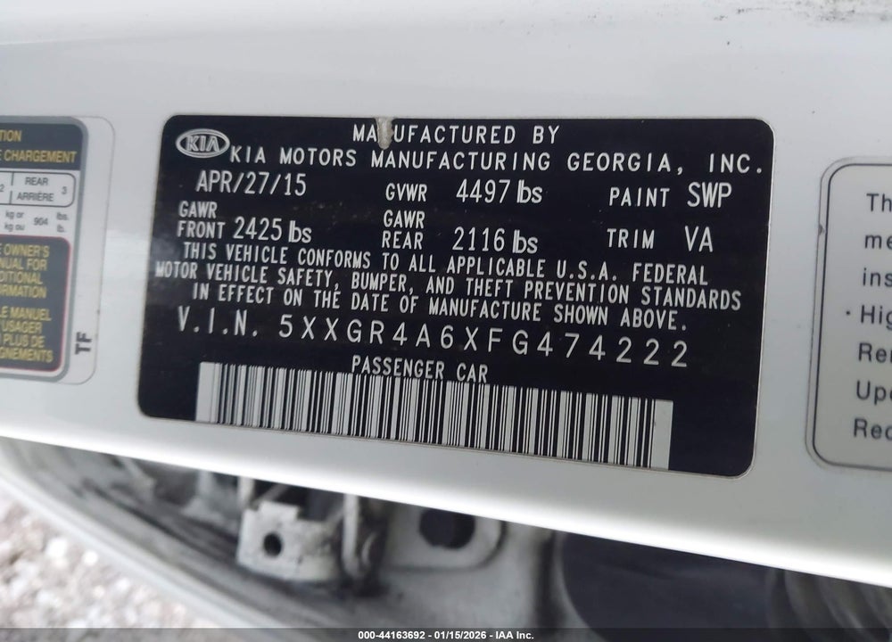 2015 KIA OPTIMA SX TURBO VIN: 5XXGR4A6XFG474222