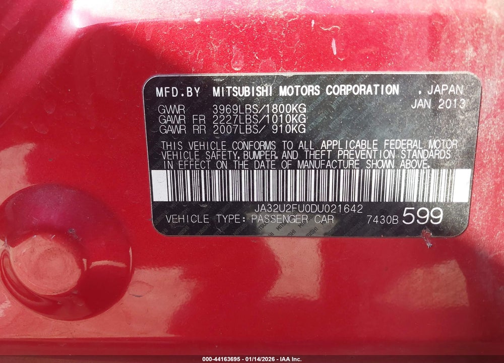 2013 MITSUBISHI LANCER ES VIN: JA32U2FU0DU021642