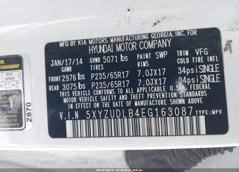 2014 HYUNDAI SANTA FE SPORT 2.4L VIN: 5XYZUDLB4EG163087