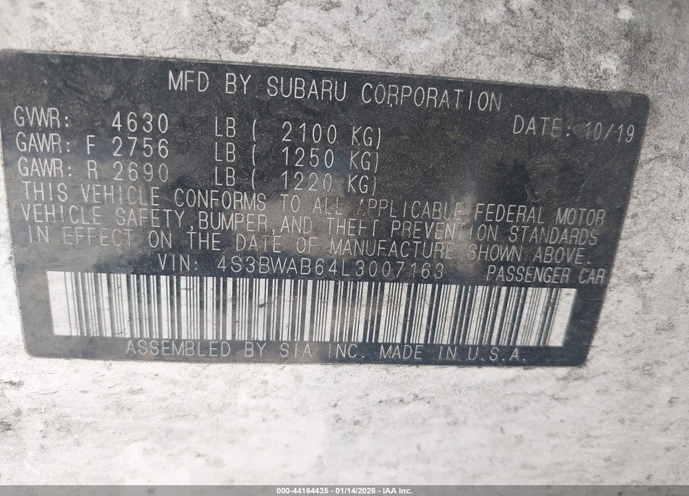 2020 SUBARU LEGACY VIN: 4S3BWAB64L3007163