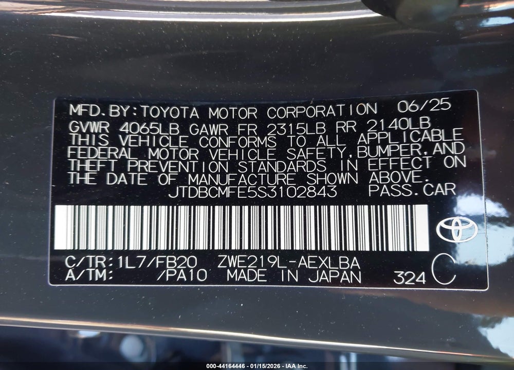 2025 TOYOTA COROLLA HYBRID LE VIN: JTDBCMFE5S3102843