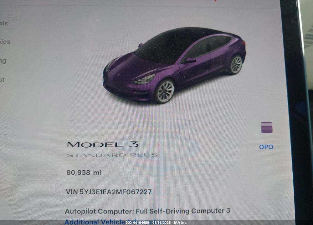 2021 TESLA MODEL 3 STANDARD RANGE PLUS REAR-WHEEL DRIVE VIN: 5YJ3E1EA2MF067227