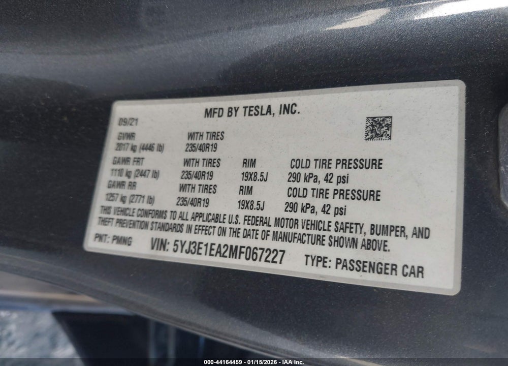 2021 TESLA MODEL 3 STANDARD RANGE PLUS REAR-WHEEL DRIVE VIN: 5YJ3E1EA2MF067227