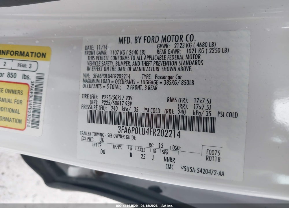 2015 FORD FUSION HYBRID SE VIN: 3FA6P0LU4FR202214
