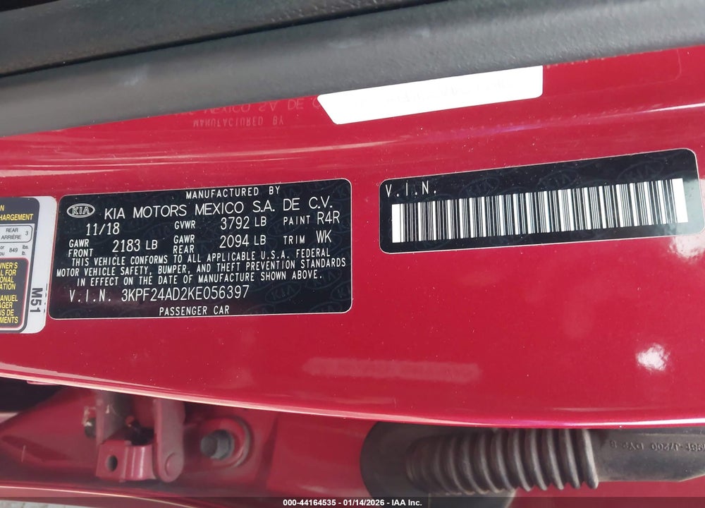 2019 KIA FORTE LXS VIN: 3KPF24AD2KE056397