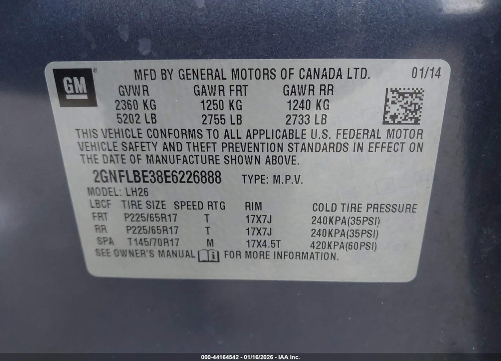 2014 CHEVROLET EQUINOX 1LT VIN: 2GNFLBE38E6226888