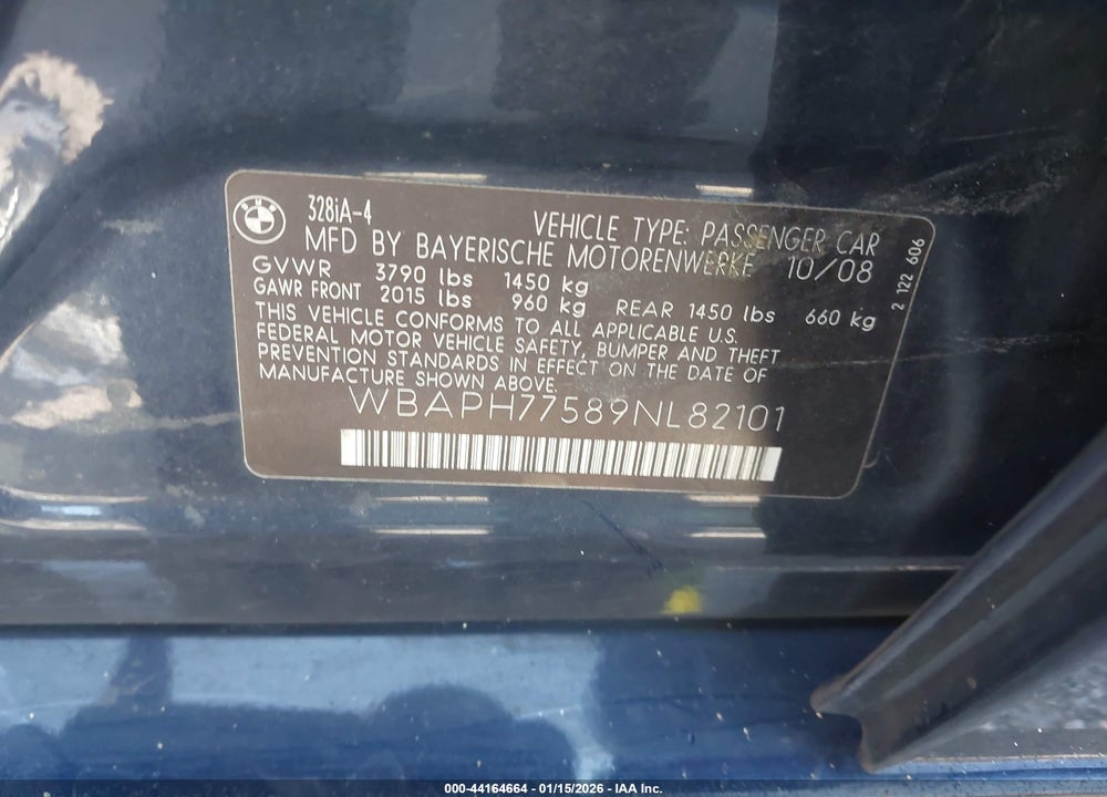 2009 BMW 328I VIN: WBAPH77589NL82101