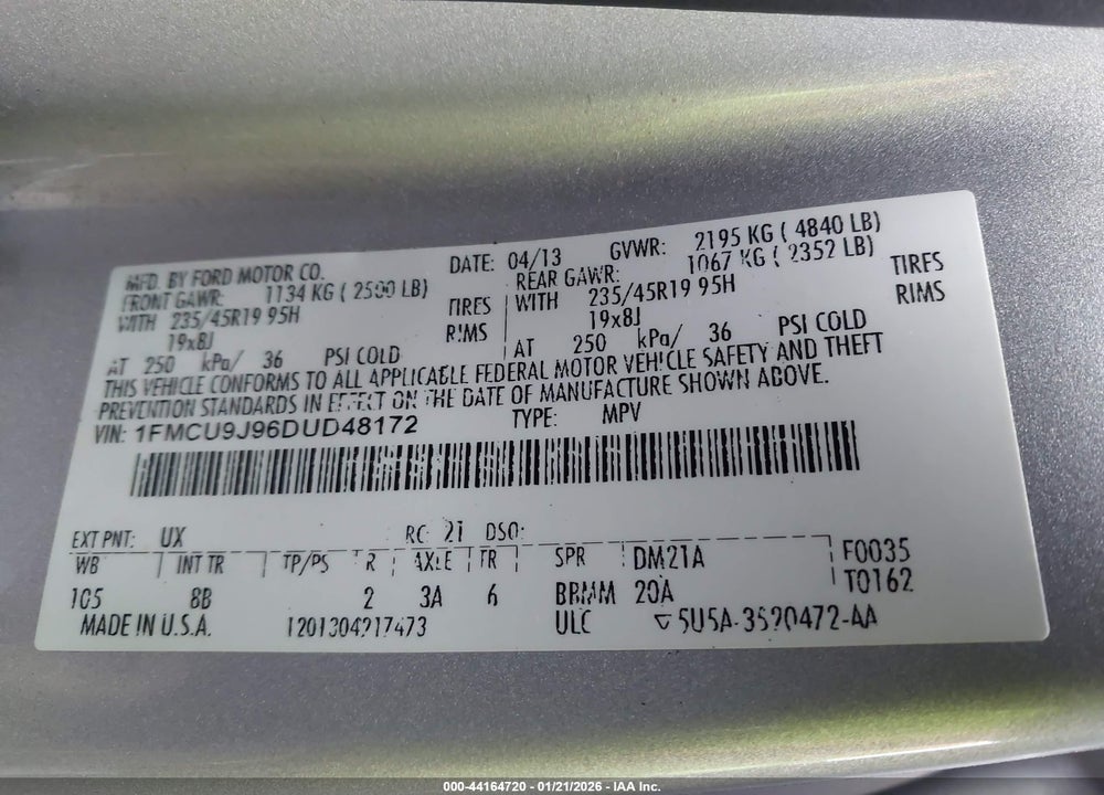 2013 FORD ESCAPE TITANIUM VIN: 1FMCU9J96DUD48172