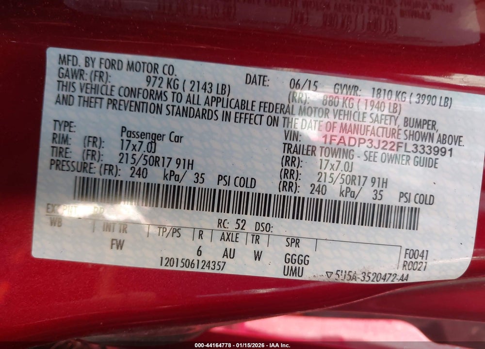 2015 FORD FOCUS TITANIUM VIN: 1FADP3J22FL333991