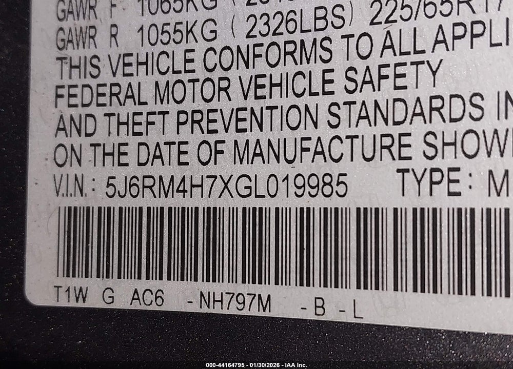 2016 HONDA CR-V EX-L VIN: 5J6RM4H7XGL019985