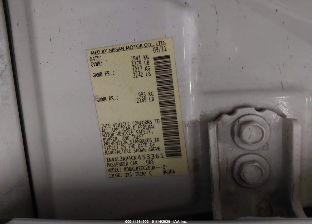 2012 NISSAN ALTIMA 2.5 S VIN: 1N4AL2AP4CN453361