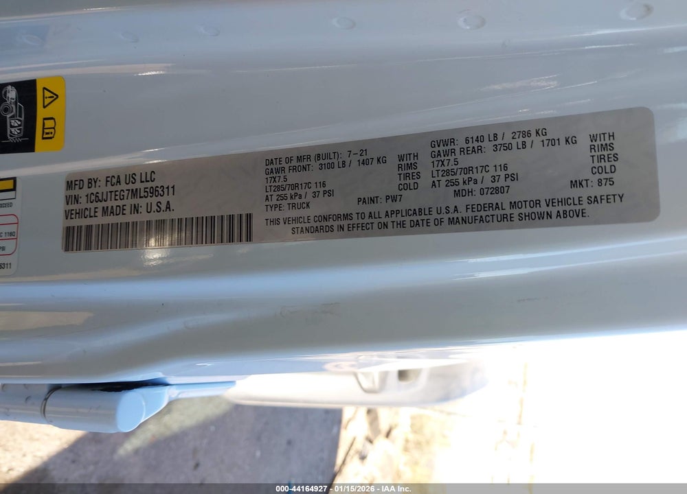 2021 JEEP GLADIATOR MOJAVE 4X4 VIN: 1C6JJTEG7ML596311