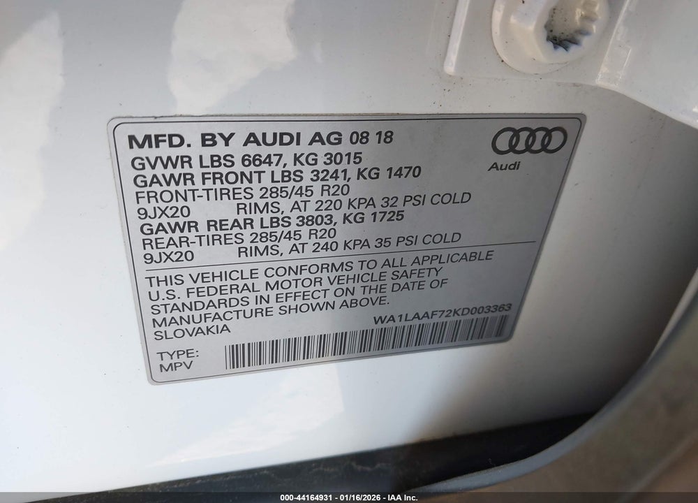 2019 AUDI Q7 VIN: WA1LAAF72KD003363